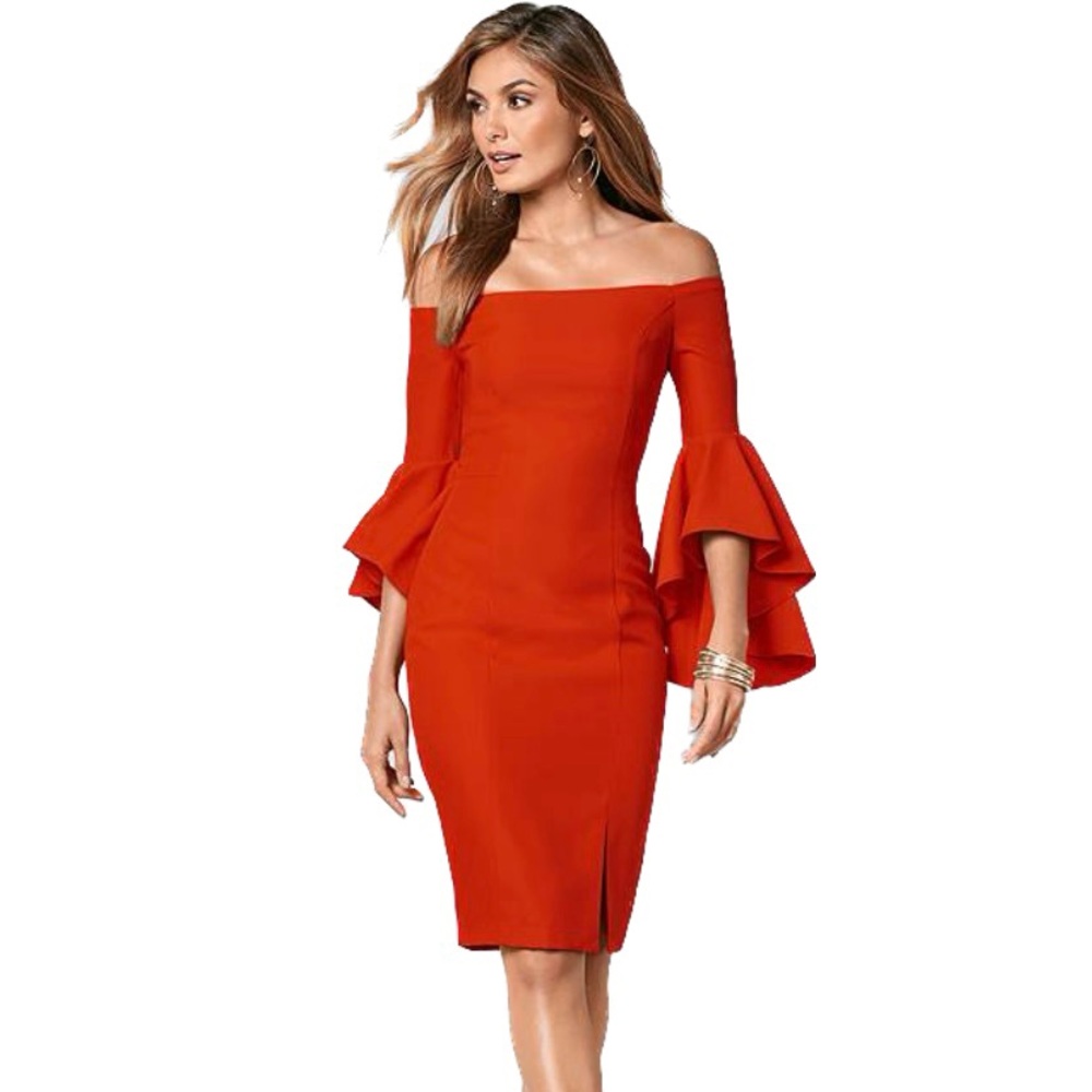 NWOT Venus Off the Shoulder Sheath Bell Sleeve Bardot Dress Red Size 8